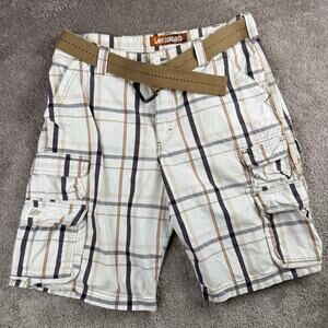 Lee Dungarees Plaid Cargo Shorts Belt Cream Navy Brown Size 34 Skate Preppy